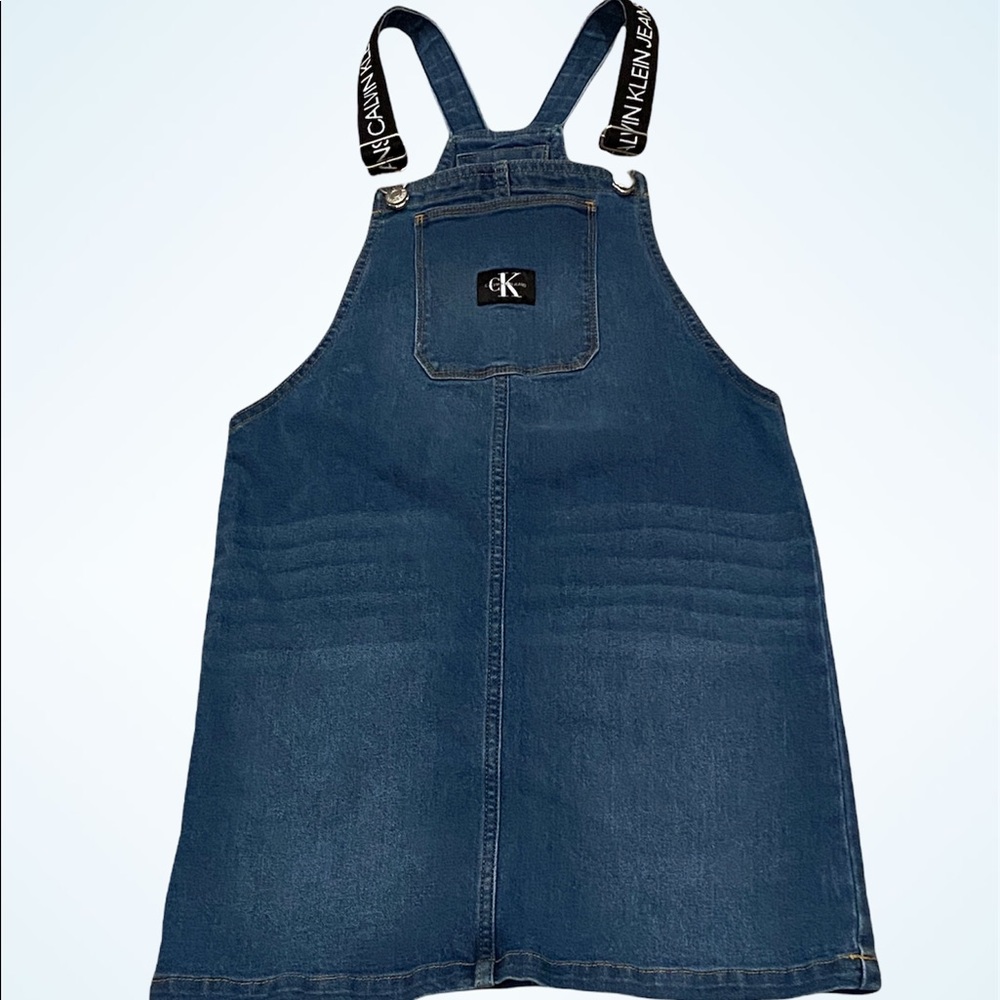 Girls Calvin Klein Blue Denim Jumper Overall Pinafore Dress Sz Large (12/14) VGC